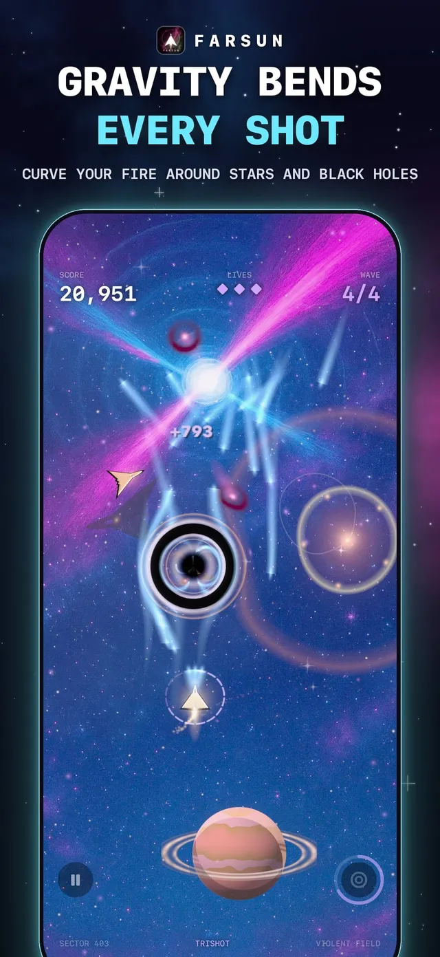 Gravity bends every shot. Curve your fire around stars and black holes. Below the headline, the top of a Farsun run over a blue and magenta pulsar field.