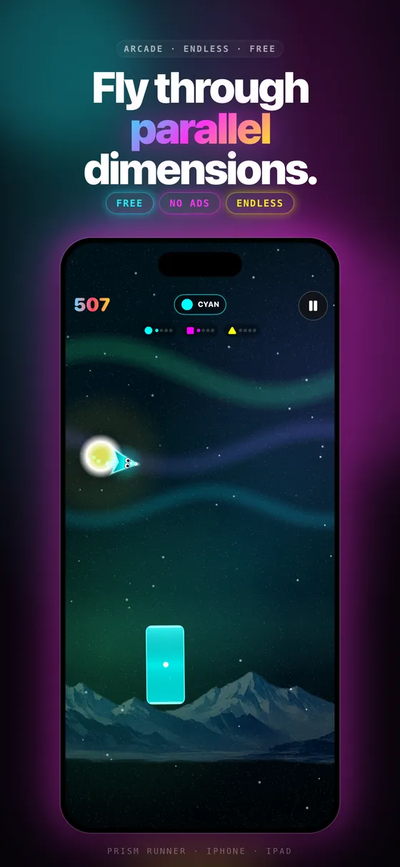 Prism Runner gameplay: a ship flying through an aurora dimension