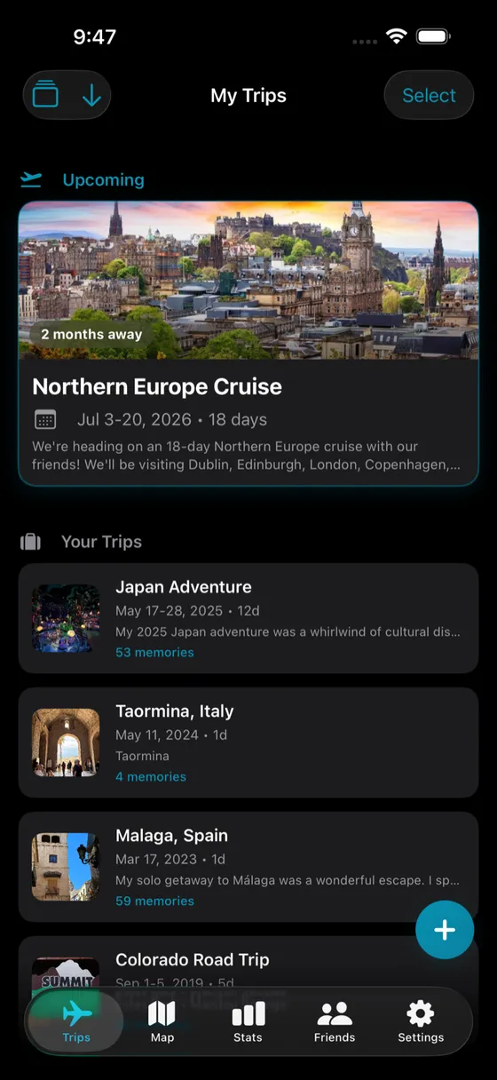 TripChronos trips list showing an upcoming Northern Europe cruise and past trips